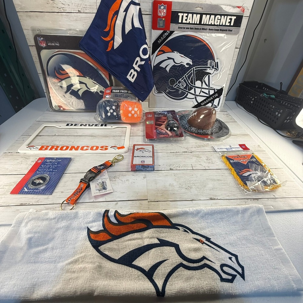 Denver Broncos NFL Fan Gear Bundle Magnet License Plate Charger Towel Cards 12pc